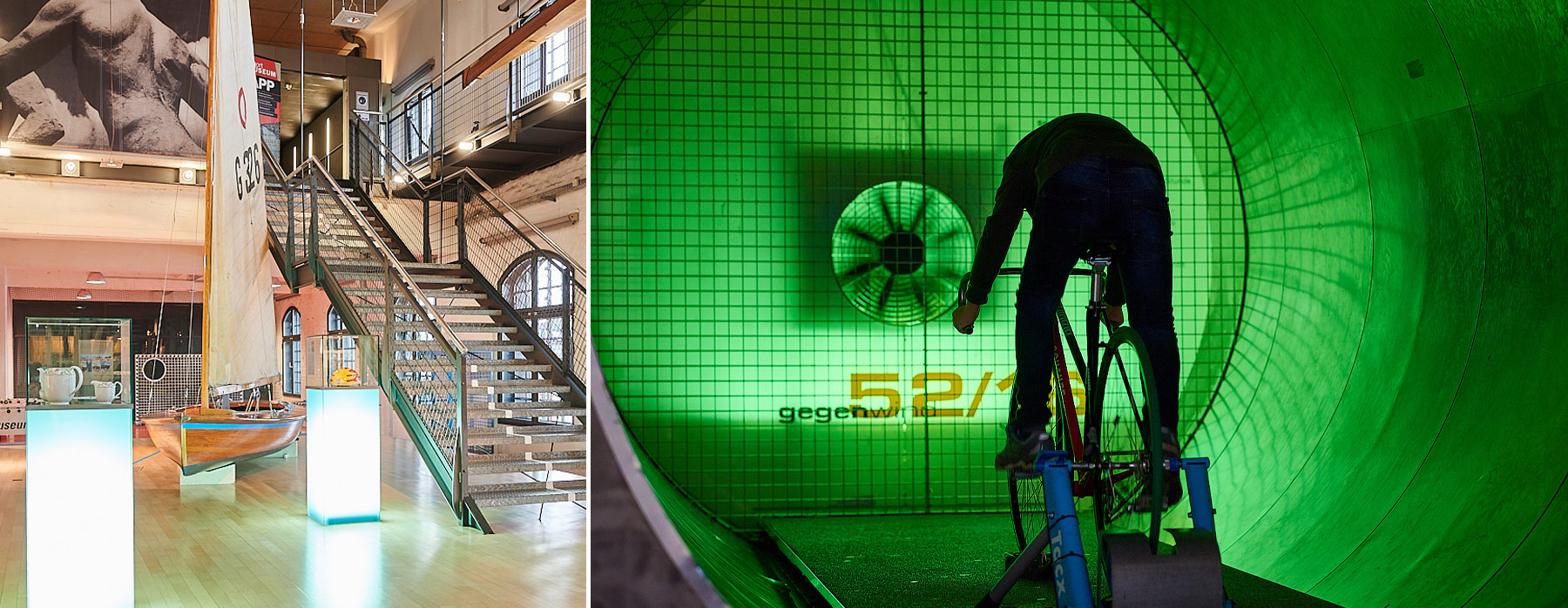 Das Bild ist in zwei Teile aufgeteilt. Links ist ein großes Segelschiff. Neben dem Schiff ist eine Treppe, die hoch zur Ausstellung führt. Weiter hinten ist eine Torwand vom Sportstudio. Rechts ist eine Person, die auf einem Fahrrad sitzt. Das Fahrrad steht in einem Windkanal. Der Windkanal hat gerade die Farbe grün.