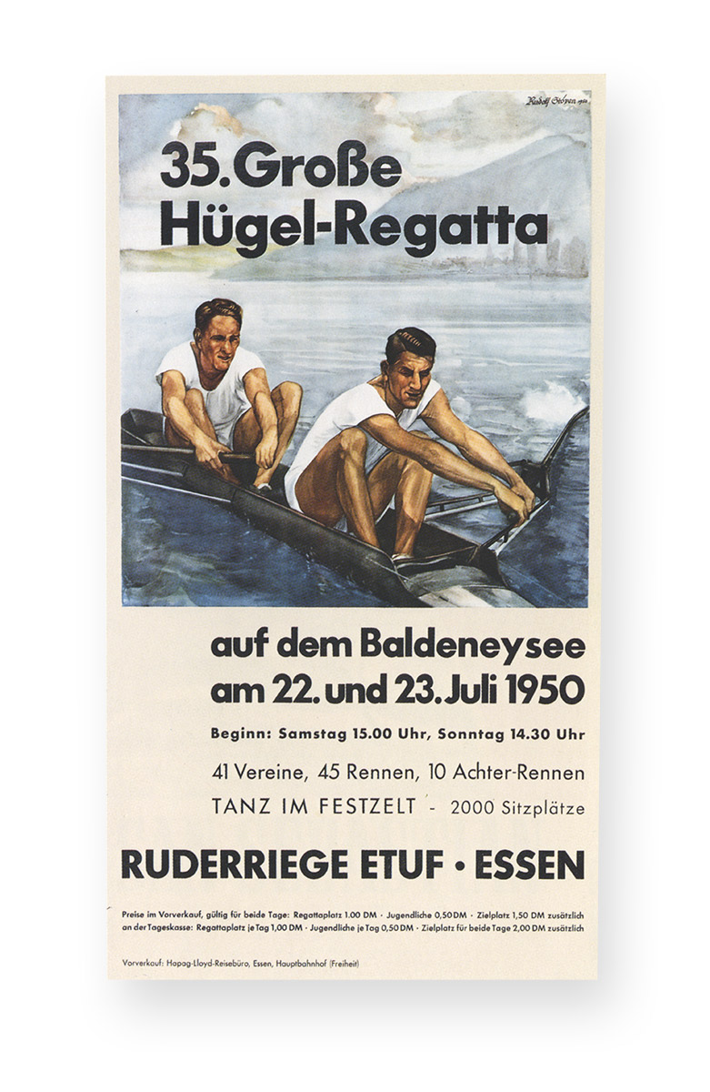 Plakat mit Abbildung von zwei Ruderern im Boot auf dem Wasser