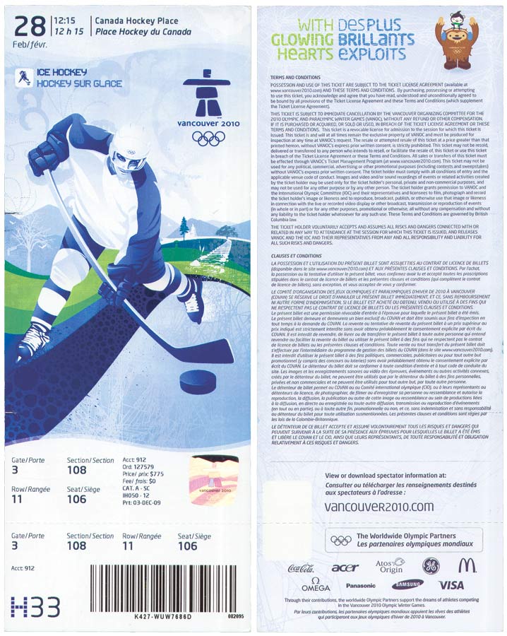 Eintrittskarte mit Abbildung eines stilisierten Eishockeyspielers