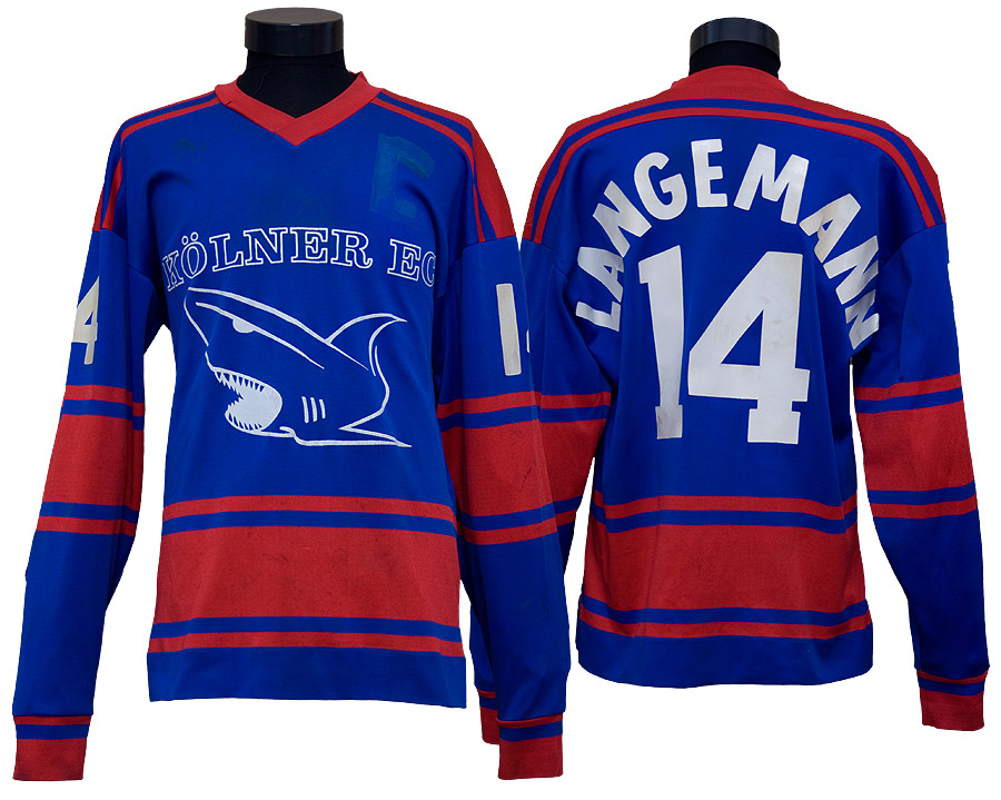 Blau und Rotes Eishockeytrikot mit der Rückennummer 14 und dem Namen Langemann