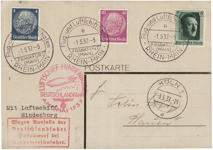 Postkarte mit Briefmarken die Paul von Hindenburg und Adolf Hitler zeigen