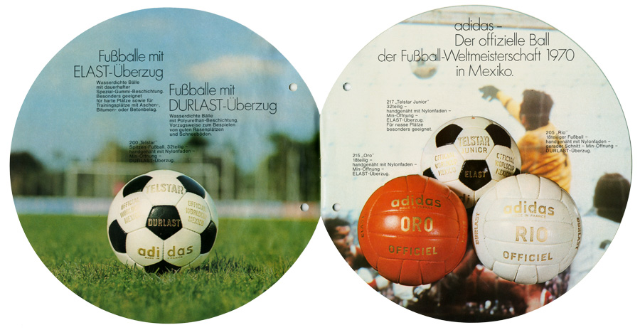 Kreisförmiger Katalog von Adidas mit drei Bällen auf der Frontseite
