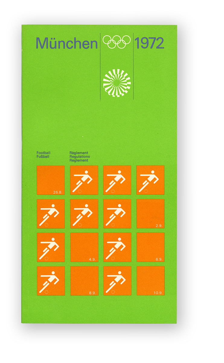 Günes Heft mit den Regeln zum Fußballturnier der olympsichen Spiele 1972 in München. Piktogramm mit Fußballspieler