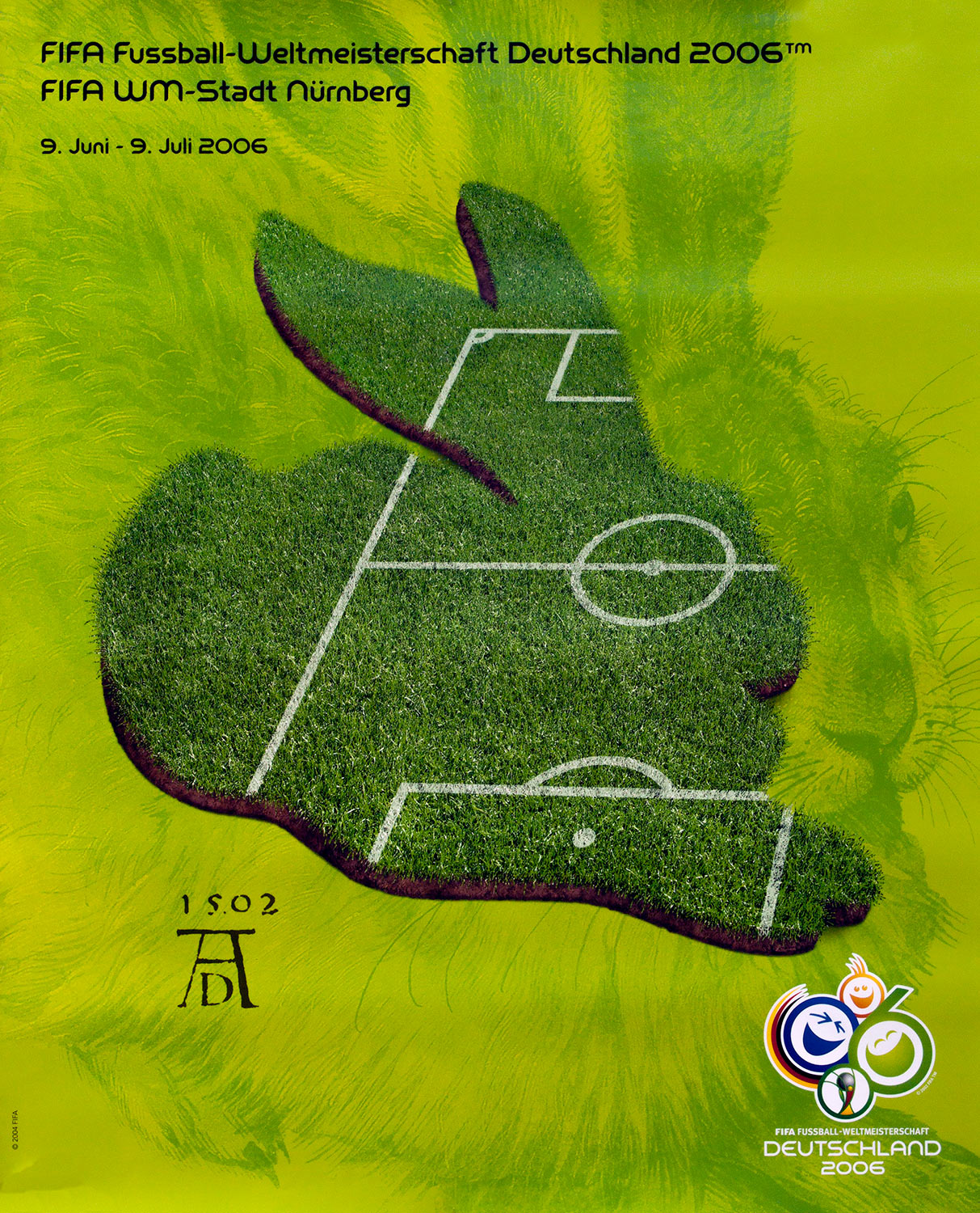 Plakat mit Abbildung eines Fußballfeldes mit der Form eines Hasen. Im Hintergrund Albrecht Dürers Aquarell Der Feldhase
