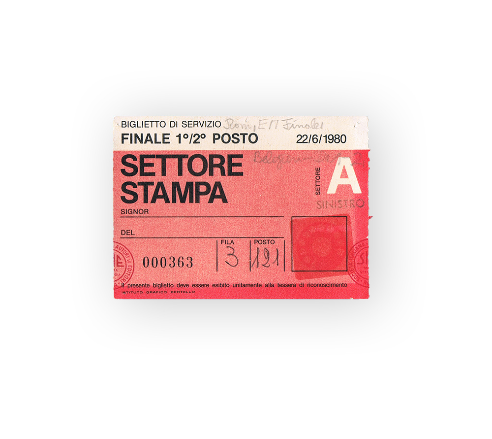 Weiß-rosa Eintrittskarte zum Endspiel der Fußball-Europameisterschaft 1980 in Italien