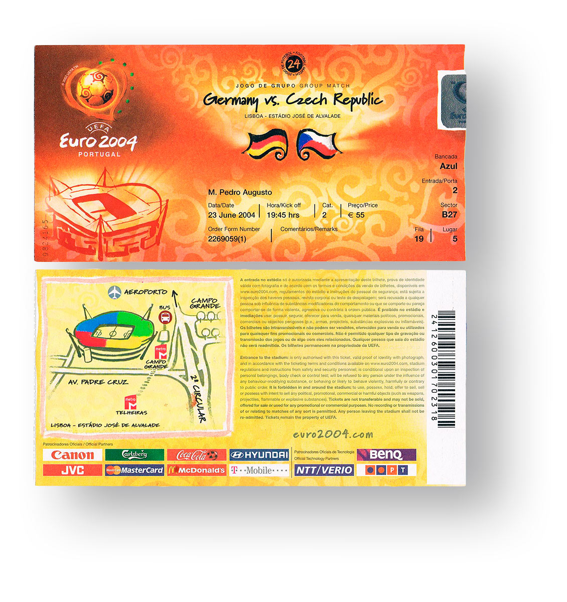 Farbig bedruckte Eintritskarte Begegnung Deutschland gegen Tschechien bei der UEFA-Europameisterschaft 2004
