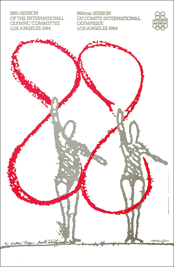 Plakat mit Abbildung zweier stilisierter Sportlerin der Rhytmischen Sportgymnastik mit Band