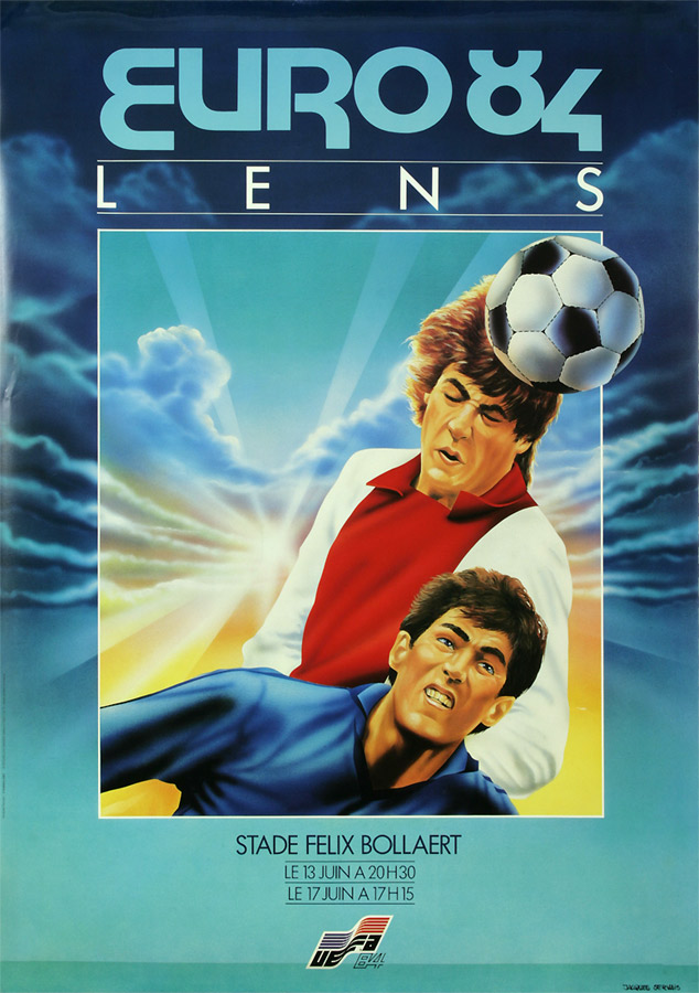 Plakat mit Darstellung zweier Fußballspieler im Kopfballduell