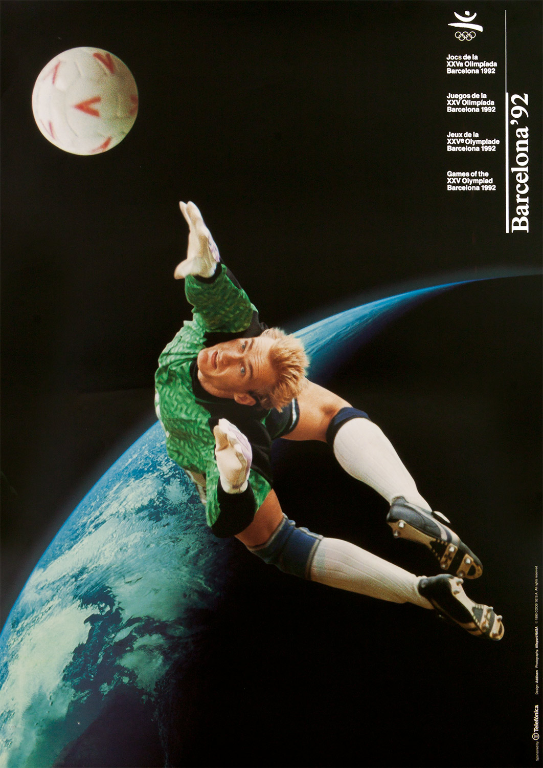 Plakat mit Abbildung eines nach dem Ball hechtenden Torwarts. Im Hintergrund der Planet Erde