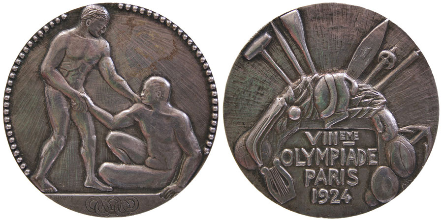 Silberne Medaille mit Abbildung zweier antiker Athleten und auf der Rückseite eine Harfe sowie diverse Sportgeräte