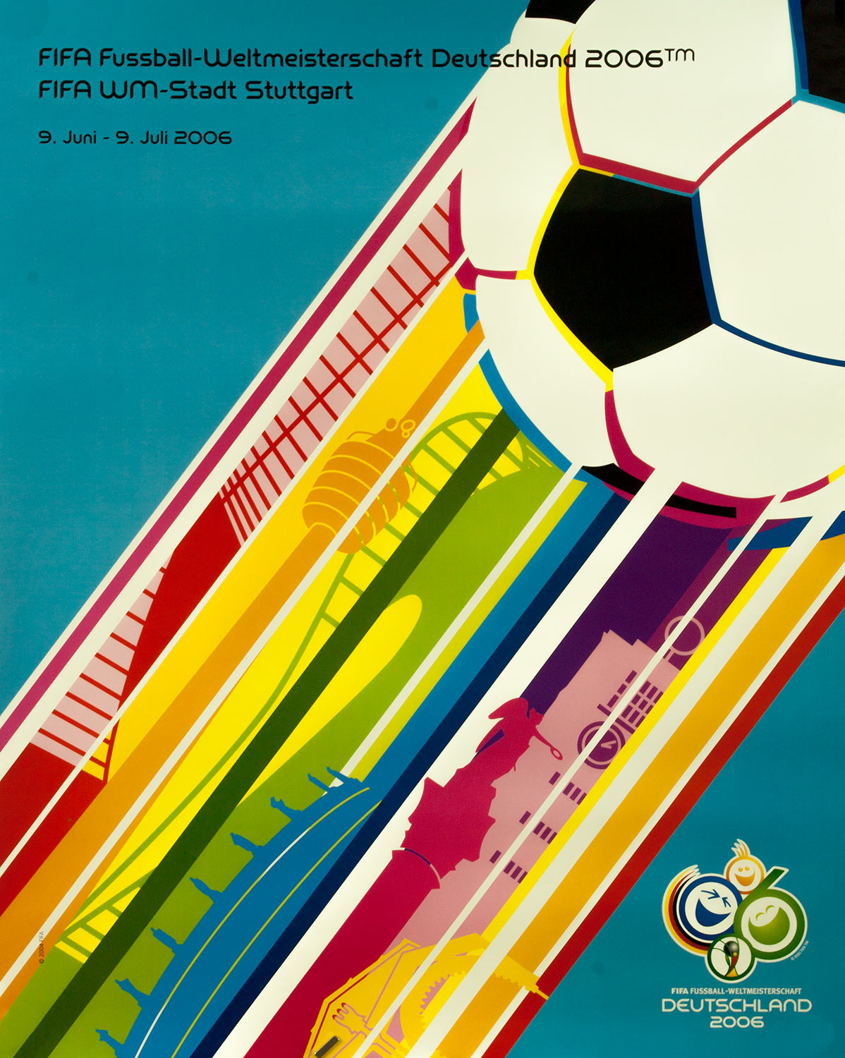 Plakat mit der Abbildung eines stilisierten Fußballsmizt buntem Schweif. Der merhfarbige Schweif enthält Darstellungen verschiendener Stuttgarter Sehenswürdigkeiten unter Anderem den Fernsehturm, die Jubiläumssäule und Opernhaus