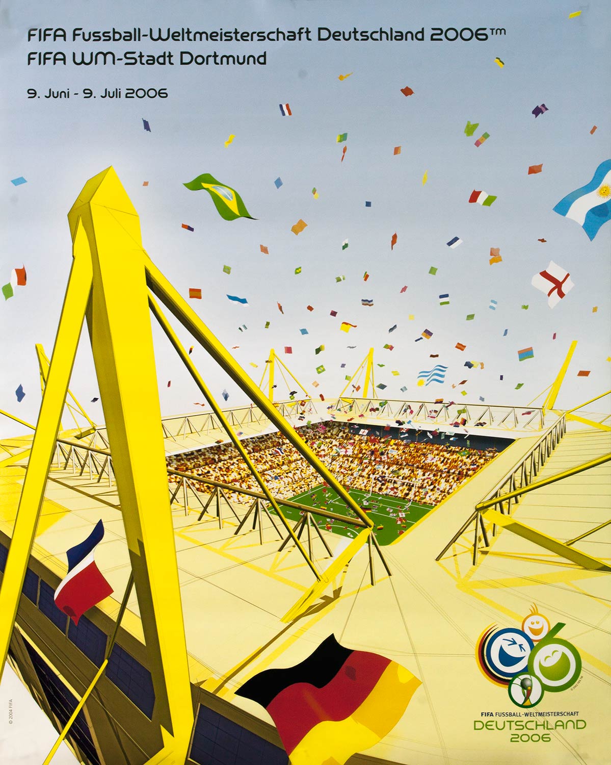 Plakat mit stilisierter Abbildung des Westfalenstadions mit den Flaggen der teilnehmenden Nationen
