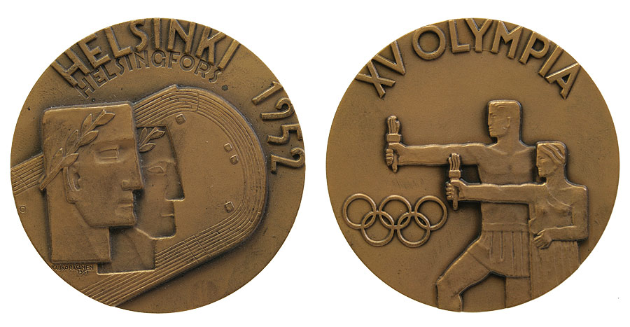 Medaille mit Der Darstellung eine Kopfes mit Siegerkranz auf der Vorderseite und eines Mannes und einer Frau mit Olympischer Fackel auf der Rückseite