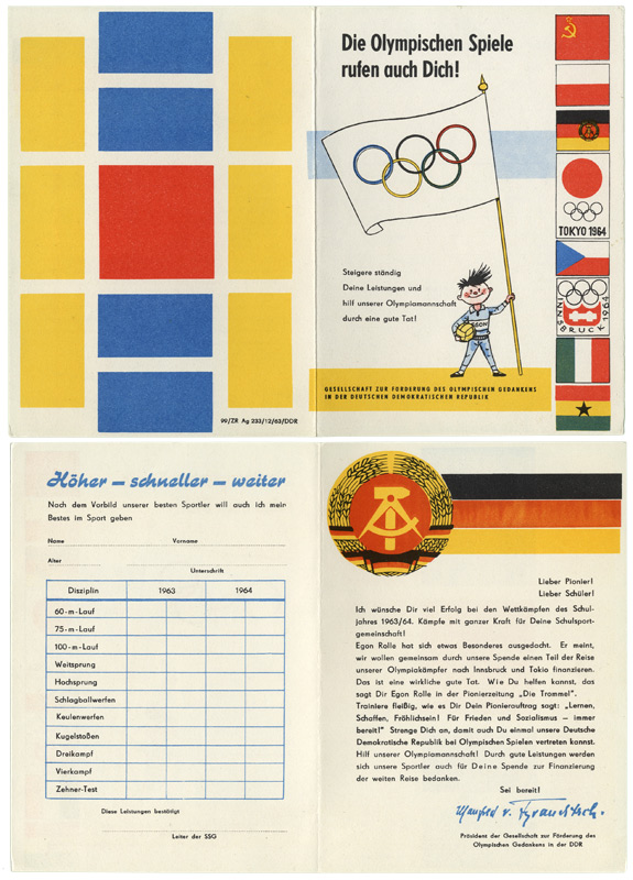 Spendenaufruf mit Darstellung eines gezeichneten Sportlers mit olympischer Flagge sowie mehrere Nationalflaggen