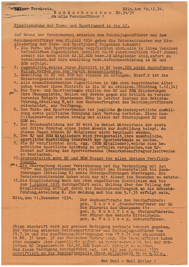 Dokument zur Eingliederung der Sportvereine in die Hitlerjugend