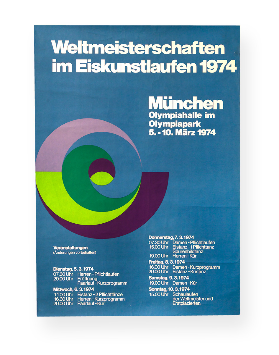 Plakat mit Abbildung des Logos der Eiskunstlauf-Weltmeisterschaft 1974 in München und Auskunft über Austragungsort, Zeitraum und Wettbewerbe