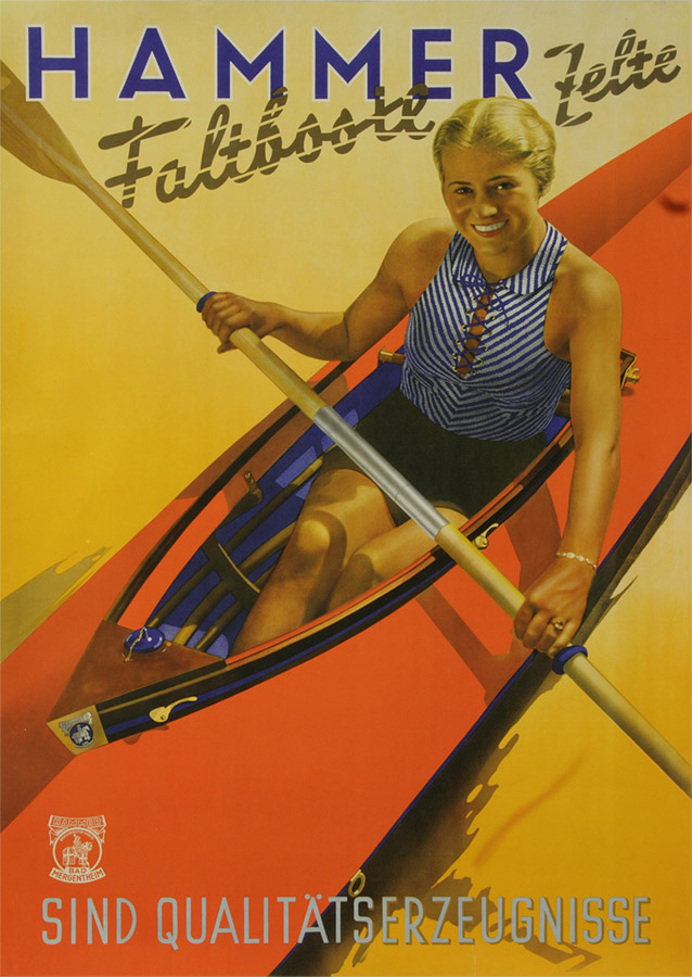Plakat mit Darstellung einer Frau in einem Faltboot