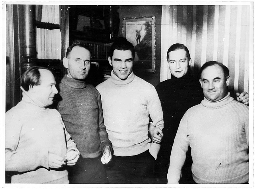 Fotografie von Max Schmeling mit Ernst Udet, Hans Wolfgang Gronau, Friedrich Viktor Prinz von Hohenzollern-Sigmaringen und Hermann Köhl
