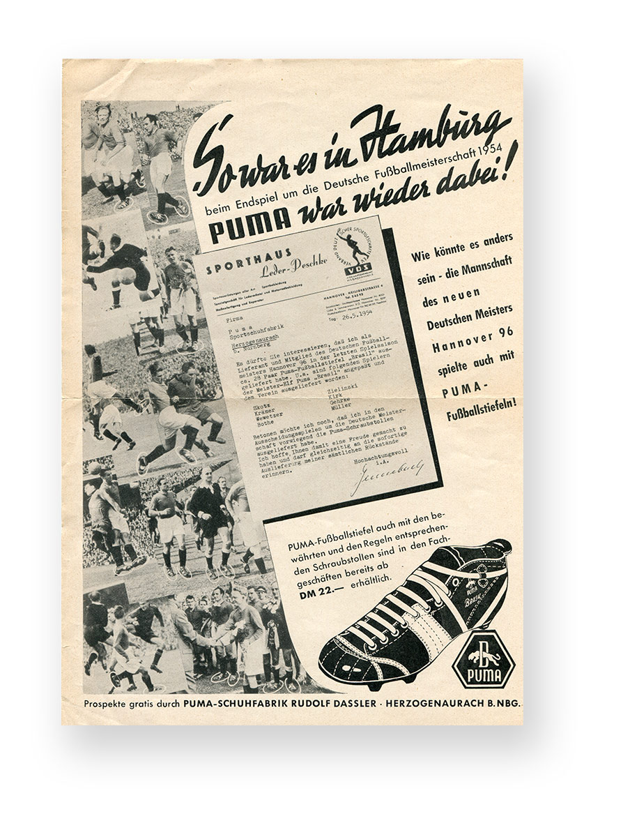 Werbeblatt mit Abbildung verschiedener Fußballspieler die den Fußballschuh Brasil von Puma tragen. Dazu stilisierte Abbildung des Schuhs und ein abgedruckter Brief