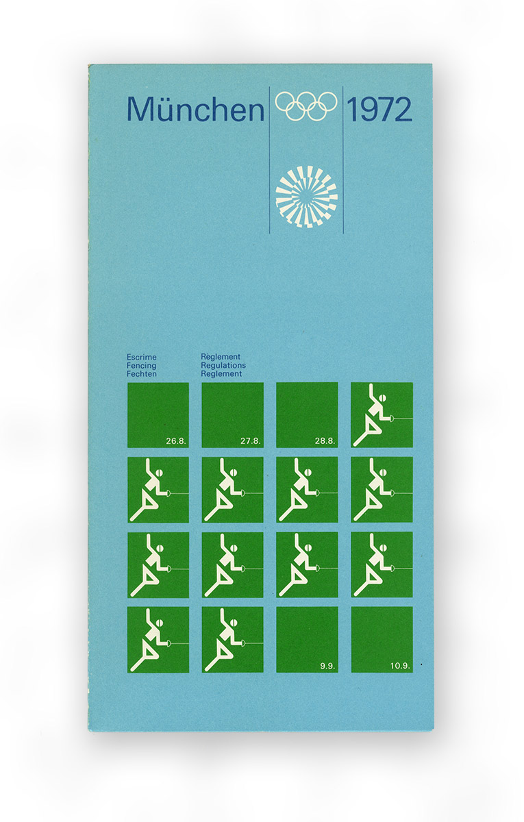 Blaues Heft mit den Regeln zum Fechtturnier der olympsichen Spiele 1972 in München. Piktogramm mit Fechter