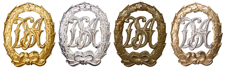 Sportabzeichen in Gold, Silber, Bronze und als Versehrtenabzeichen mit dem Kürzel DSA