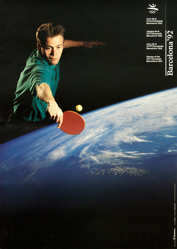 Plakat mit Abbildung eines Tischtennisspielers. Im Vordergrund der Planet Erde