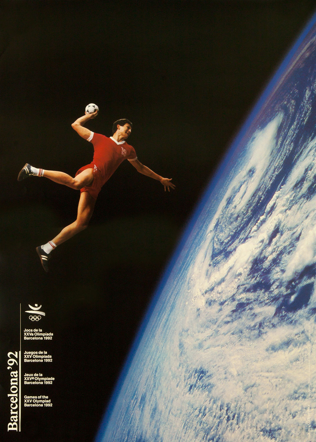 Plakat mit Abbildung eines Handballspielers. Im Hintergrund der Planet Erde