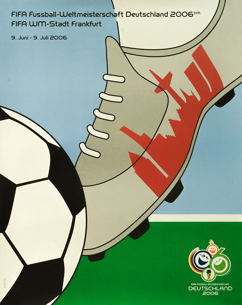 Plakat mit Abbildung eines stilisierten Fußballschuh und Ball. Auf em Schuh befindet sich die Silhouette Frankfurts
