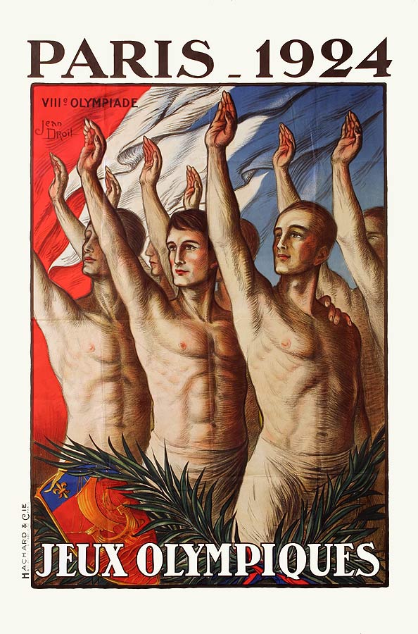 Plakat  mit Abbildung von  Athleten mit dem olympischen Gruß vor der französischen Flagge