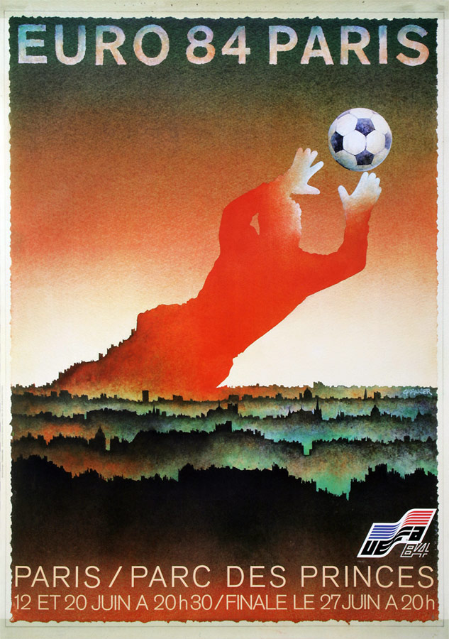 Plakat mit Darstellung von Paris am Horizont ein Torhüter beim Hechtsprung zum Ball