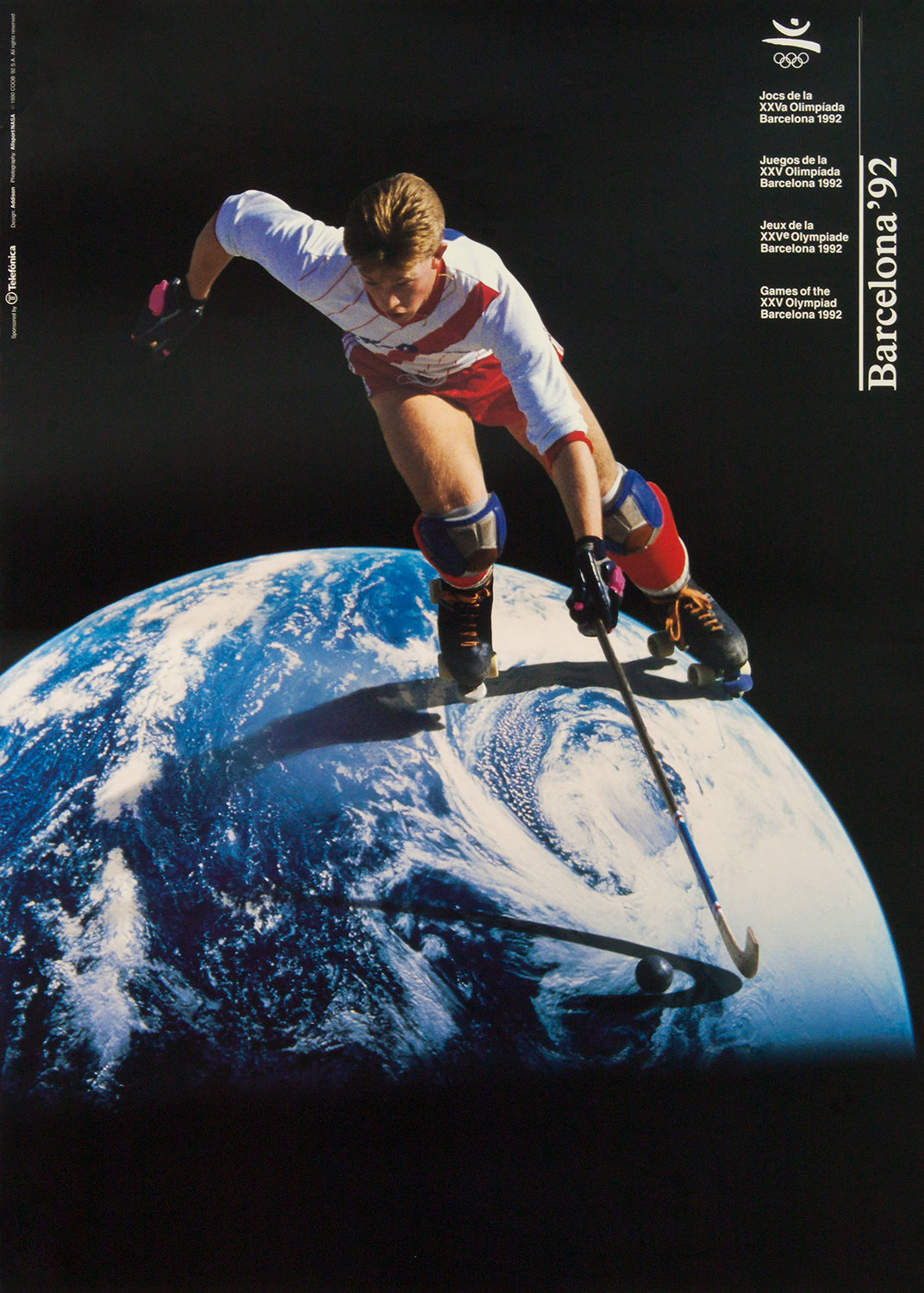 Plakat mit Abbildung eines Rollhockeyspielers. Im Hintergrund der Planet Erde