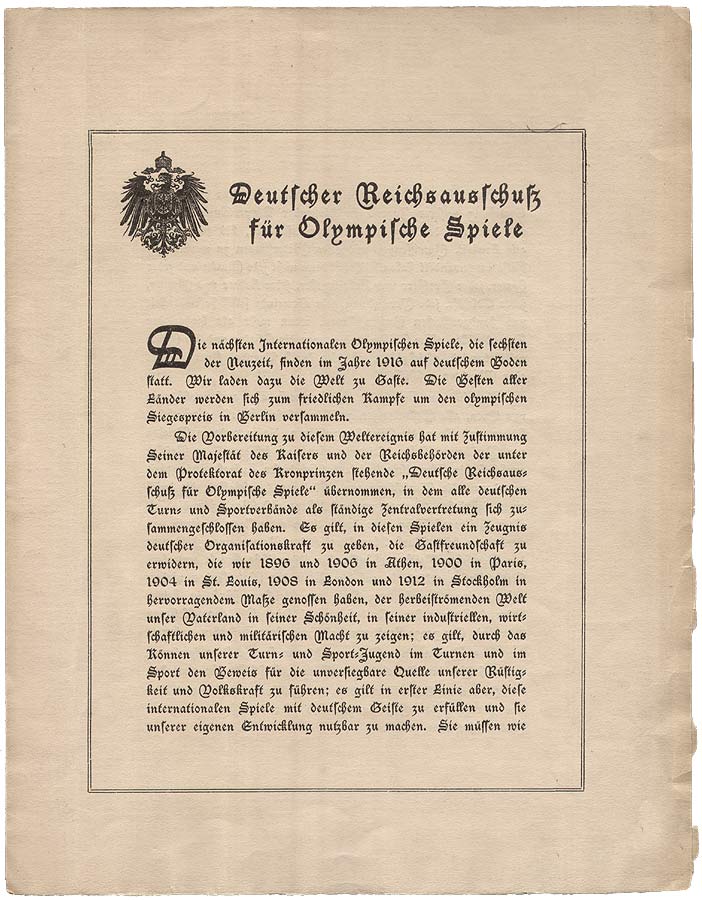Gedruckter Mitteilung zu den Olympischen Spielen 1916 in Berlin