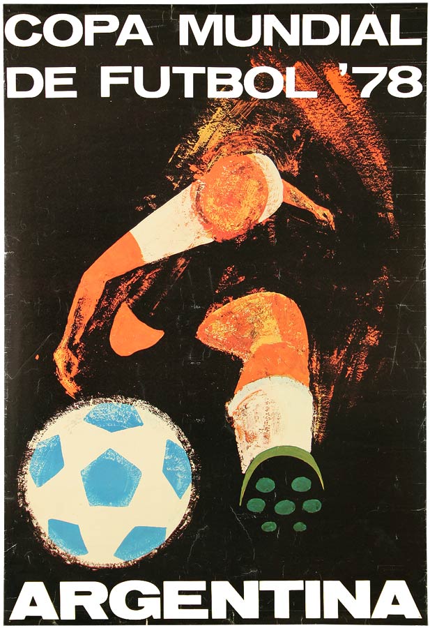 Plakat mit Abbildung eines stilisierten Fußballspielers beim Schuss