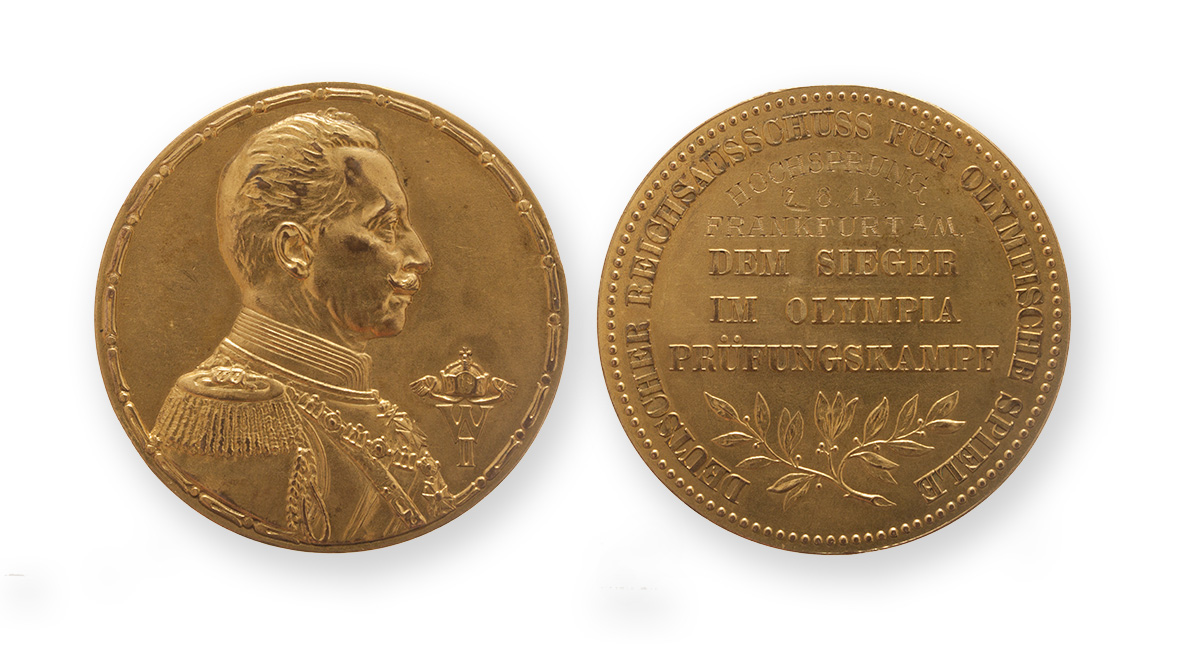 Goldene Medaille von Olympia-Prüfungswettkämpfen 1914 in Frankfurt mit Portrait von Kaiser  Wilhelm