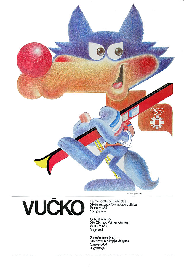 Plakat mit Abbildung eines gezeichneten Wolfs, dem offiziellen Maskottchen der Spiele