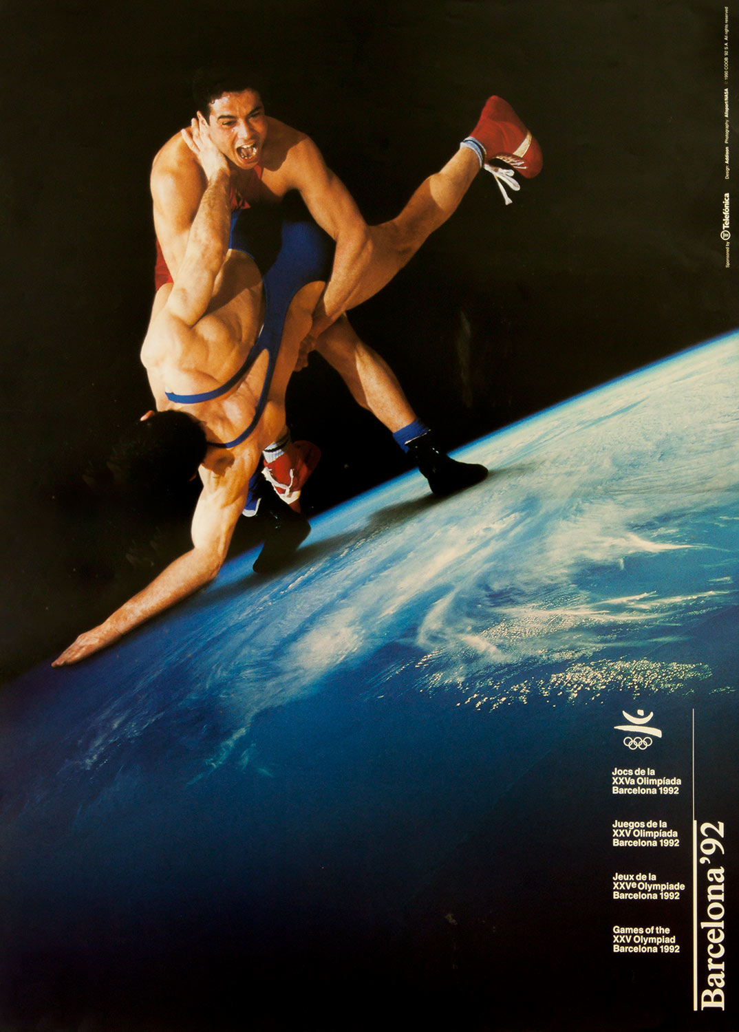 Plakat mit Abbildung zweier Ringer im Kampf. Im Hintergrund der Planet Erde