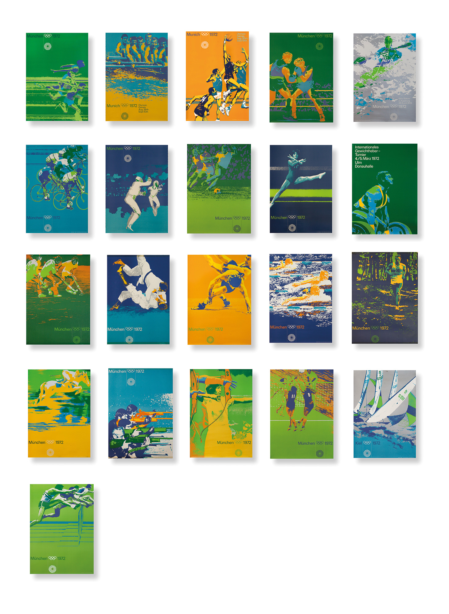 Plakate zu den unterschiedlichen Diziplinen der Olympischen Spiele 1972 in München