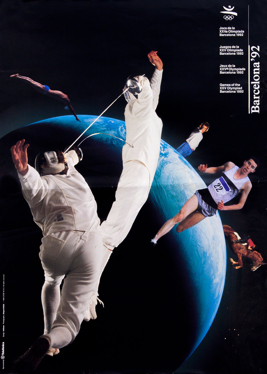 Plakat mit Abbildung von Fechter, Läufer, Schwimmer,  Schütze und Reiter. Im Hintergrund der Planet Erde