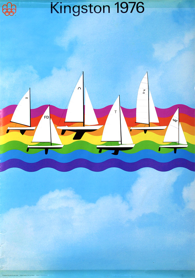 Plakat mit Darstellung von 6 segelbooten auf einem Regenbogenfluss vor blauem Himmel