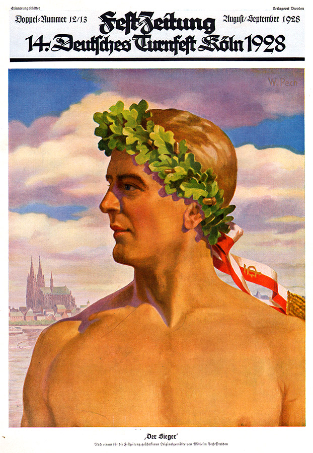 Fetszeitung mit Illustration eines Mannes mit freiem Oberkörper und Siegerkranz und dem Kölner Dom im Hintergrund