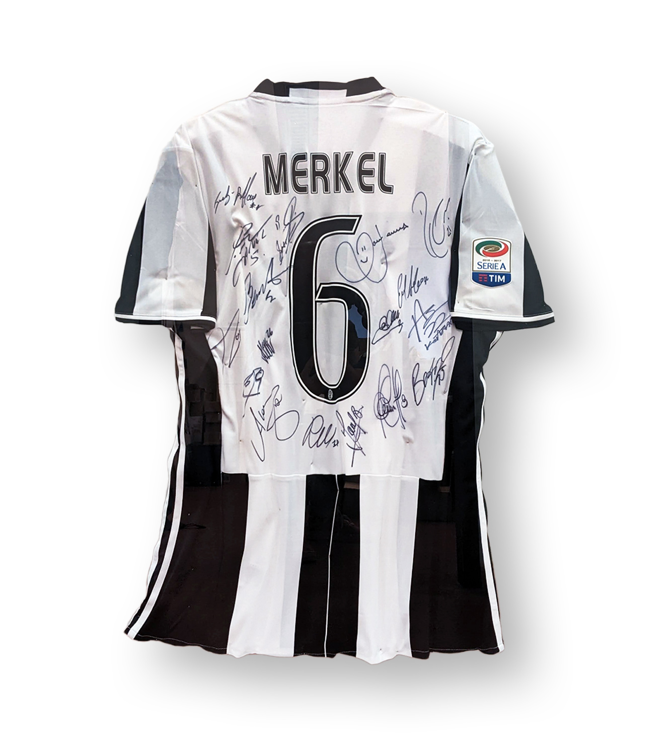 Fußballtrikot in den Farben Schwarz und Weiß von Juventus Turin mit dem Spielernamen Merkel