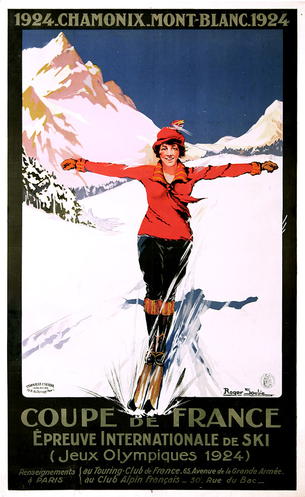 Es ist ein Plakat zu sehen. Das Plakat trägt den Schriftzug 1924 Chamonix Mont Blanc 1924. Es ist eine Frau mit roter Kleidung auf Skiern zu sehen. Im Hintergrund sind weiß verschneite Berge.