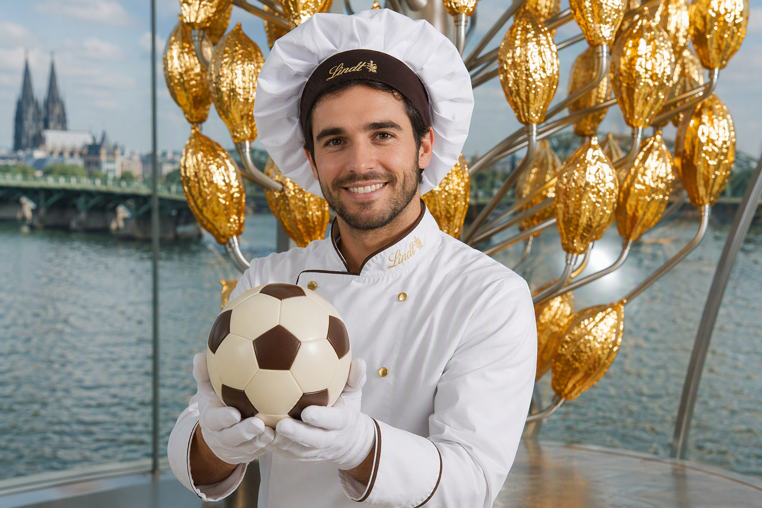 Es ist ein Maitre mit einem Schokoladenball zu sehen. Im Hintergrund ist der Kölner Dom sichtbar.