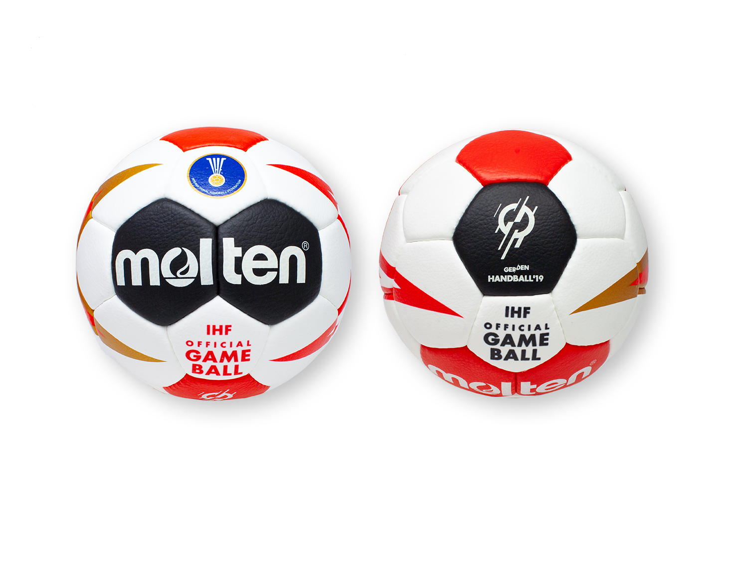 Handball mit roten und schwarzen Lederflicken