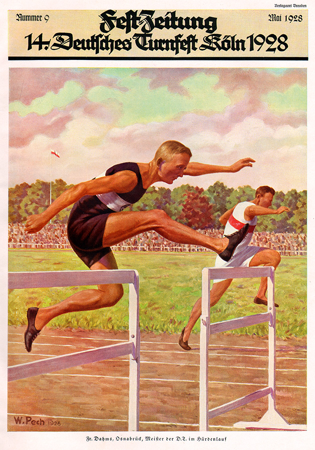 Festzeitung mit Darstellung zweier Hürdenläufer im Moment des Hürdensprungs