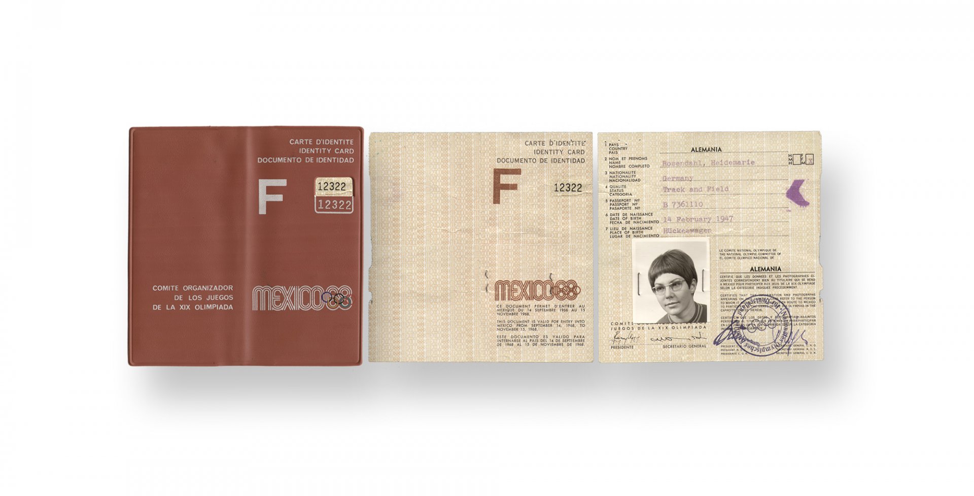 Akkreditierung von den Olympischen Spielen 1968 in Mexiko von Heidemarie Rosendahl.