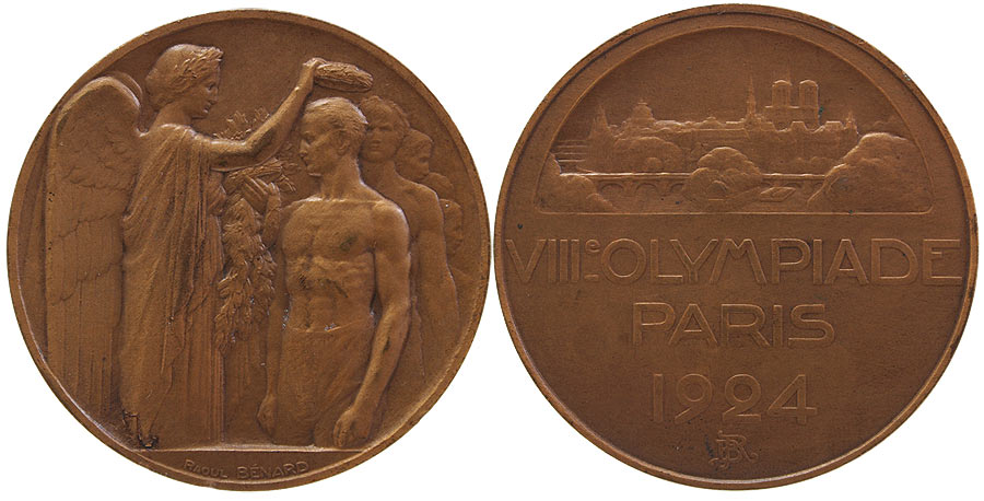 Medaille mit Abbildung einer Siegesgöttin die einem Athleten einen Lorbeerkranz auf den Kopf setzt