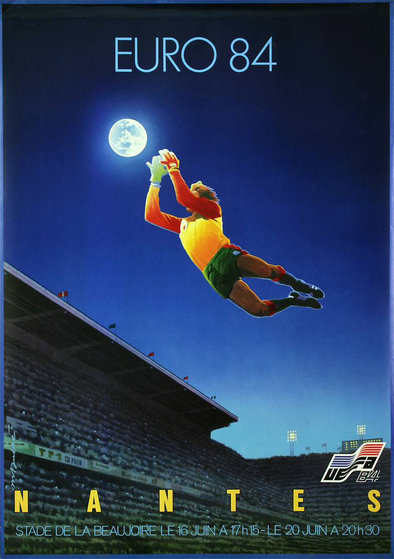 Palakat mit der Darstellung eines Torhüters der vor dem Hintergrund eines Stadions nach dem Vollmond hechtet