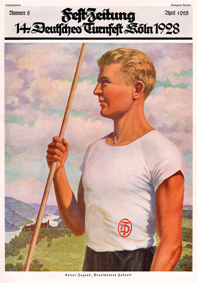 Fetszeitschrift mit Darstellung eines Speerwerfers vor Rheinpanorama und Abzeichen der Deutschen Turnerschaft