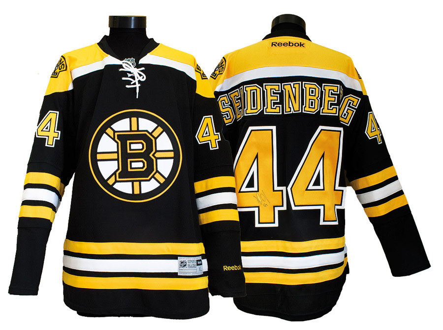 Schwarz Gelbes Eishockeytrikot mit Logo der Boston Bruins und der Nummer 44